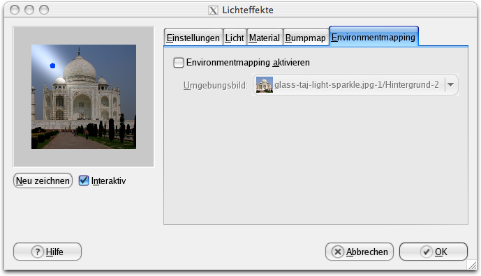 Eigenschaften (Environmentmap) für das Filter Lichteffekte